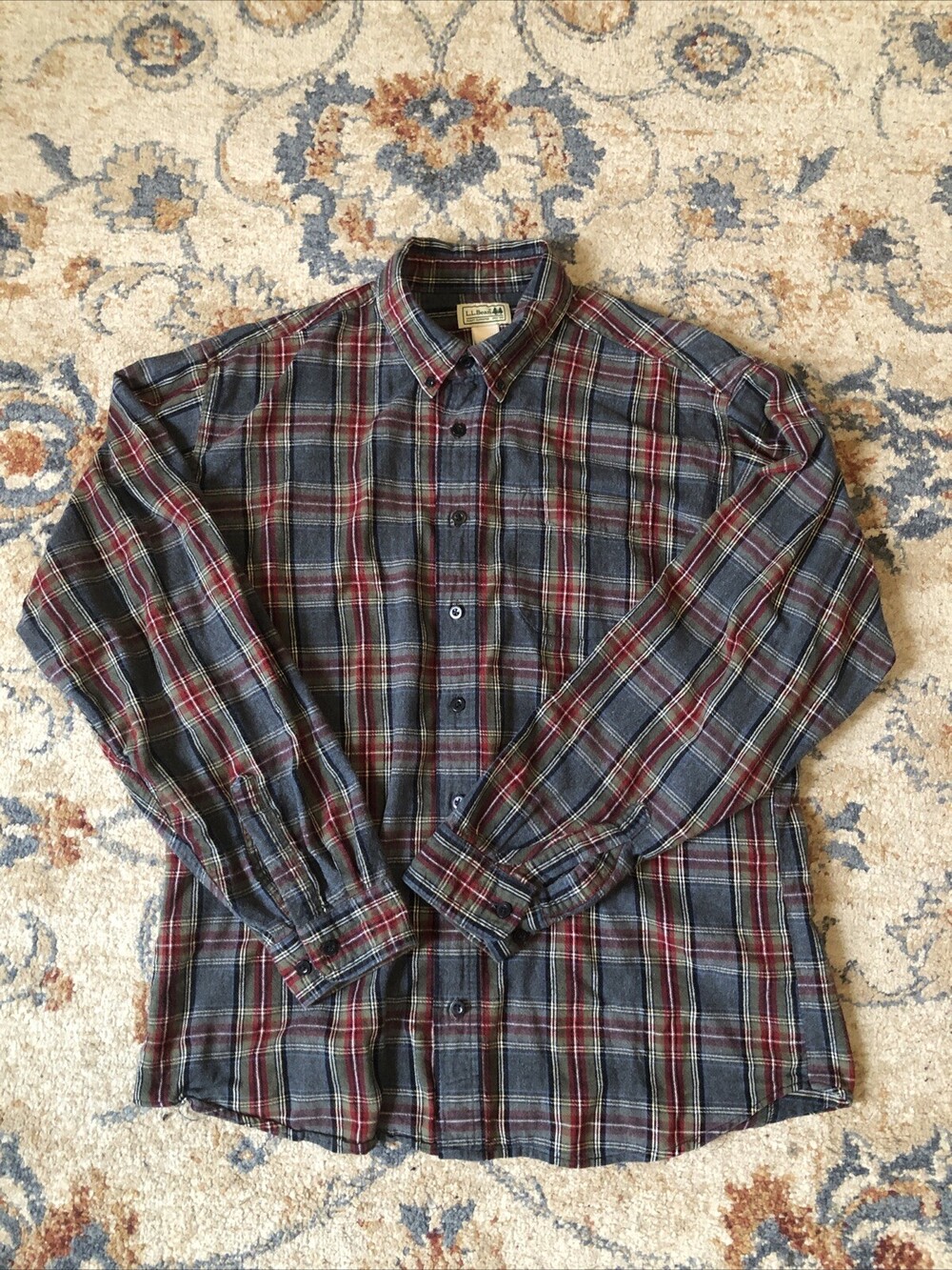 Vintage LL Bean Flannel Heavy Gray Red Shirt Mens XL Tall Plaid Button Down